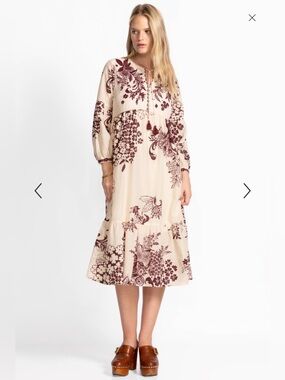Johnny Was NWT $350 Embroidered Cotton Tiered Bishop Sleeve Dress S Tan/Burgundy
